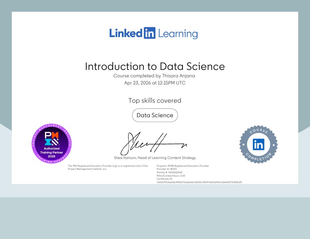 Introduction to Data Science certificate issued by LinkedIn Learning