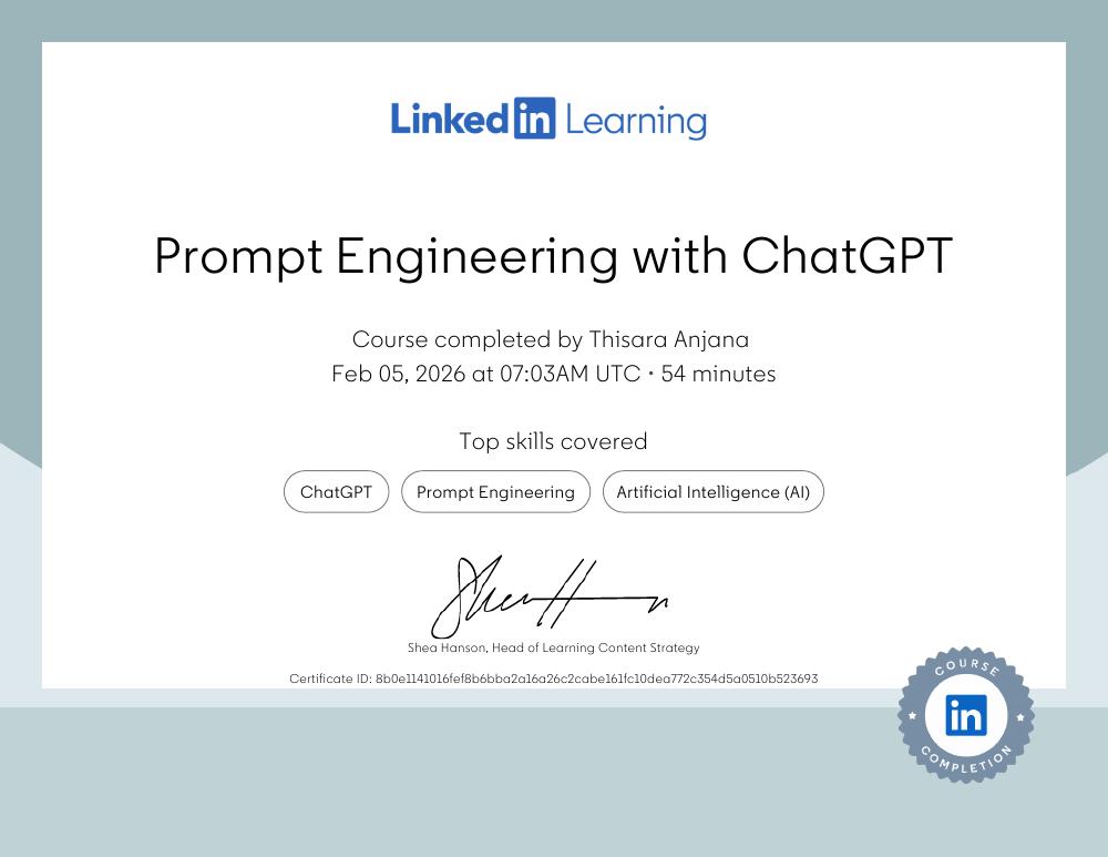 Prompt Engineering with ChatGPT certificate issued by LinkedIn Learning