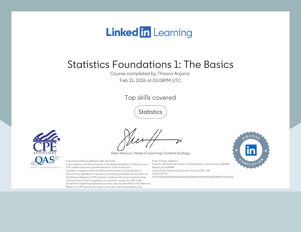 Statistics Foundations 1: The Basics certificate issued by LinkedIn Learning